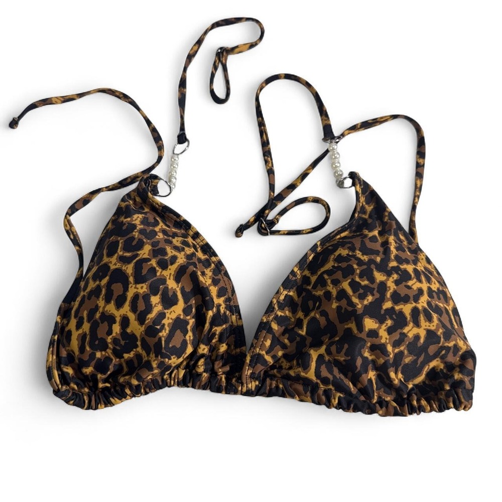 Leopard Print Triangle Bikini Set Pearl Bead Straps High Cut Brown Black Large